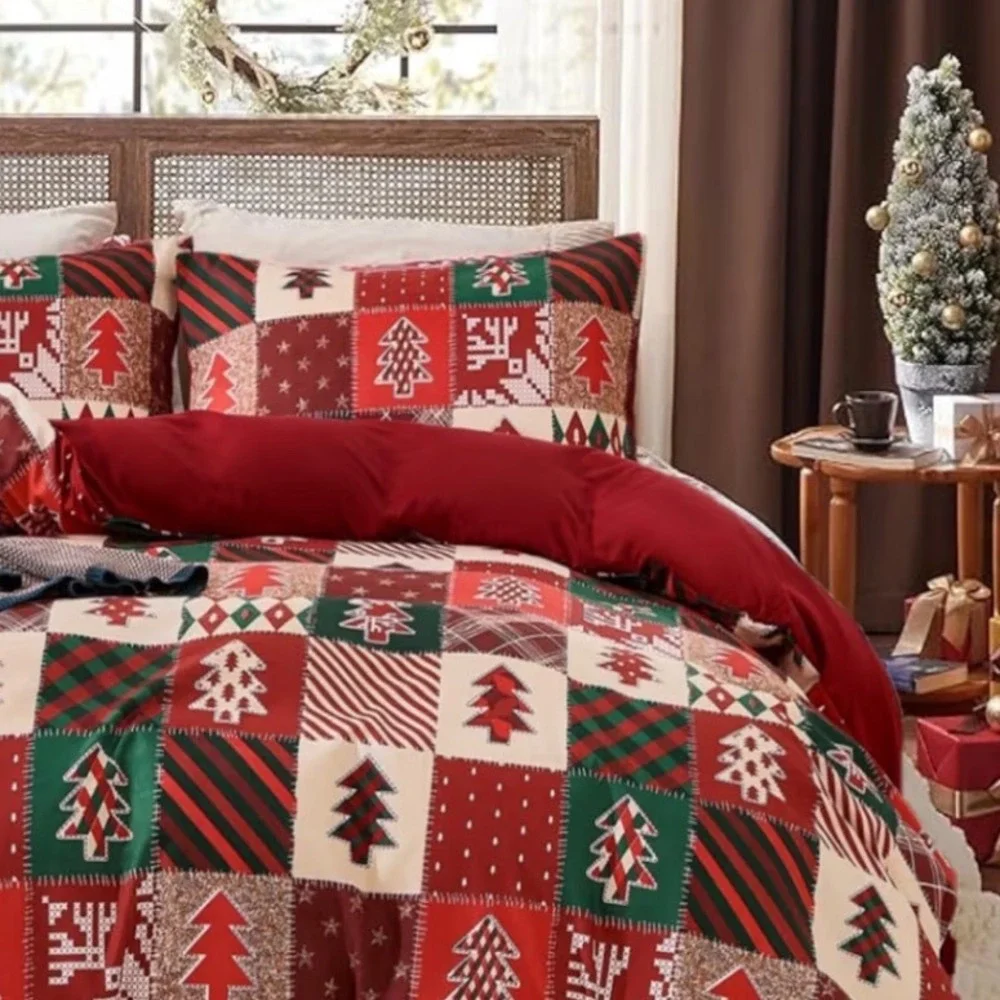 DadaFash Twin Christmas Tree Patchwork Duvet Cover and Sham Set Red Green Cream